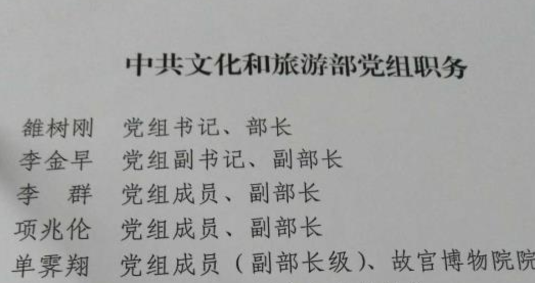 中共文化和旅游部党组职务曝光 李金早任副部长